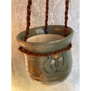 Vintage Studio Pottery Hanging Planter Sage Green Glazed Ceramic Floral Boho